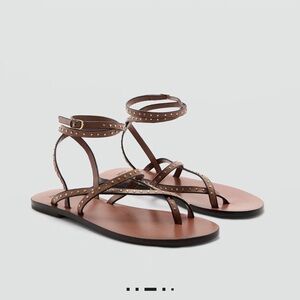 Mango Brown Studded Ankle-Strap Flat Sandals